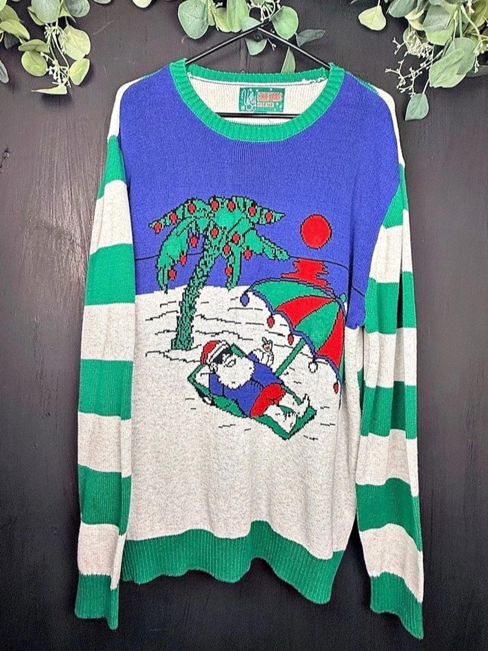 Ugly Christmas Sweater lights up Striped in Green & Blue Mens XL